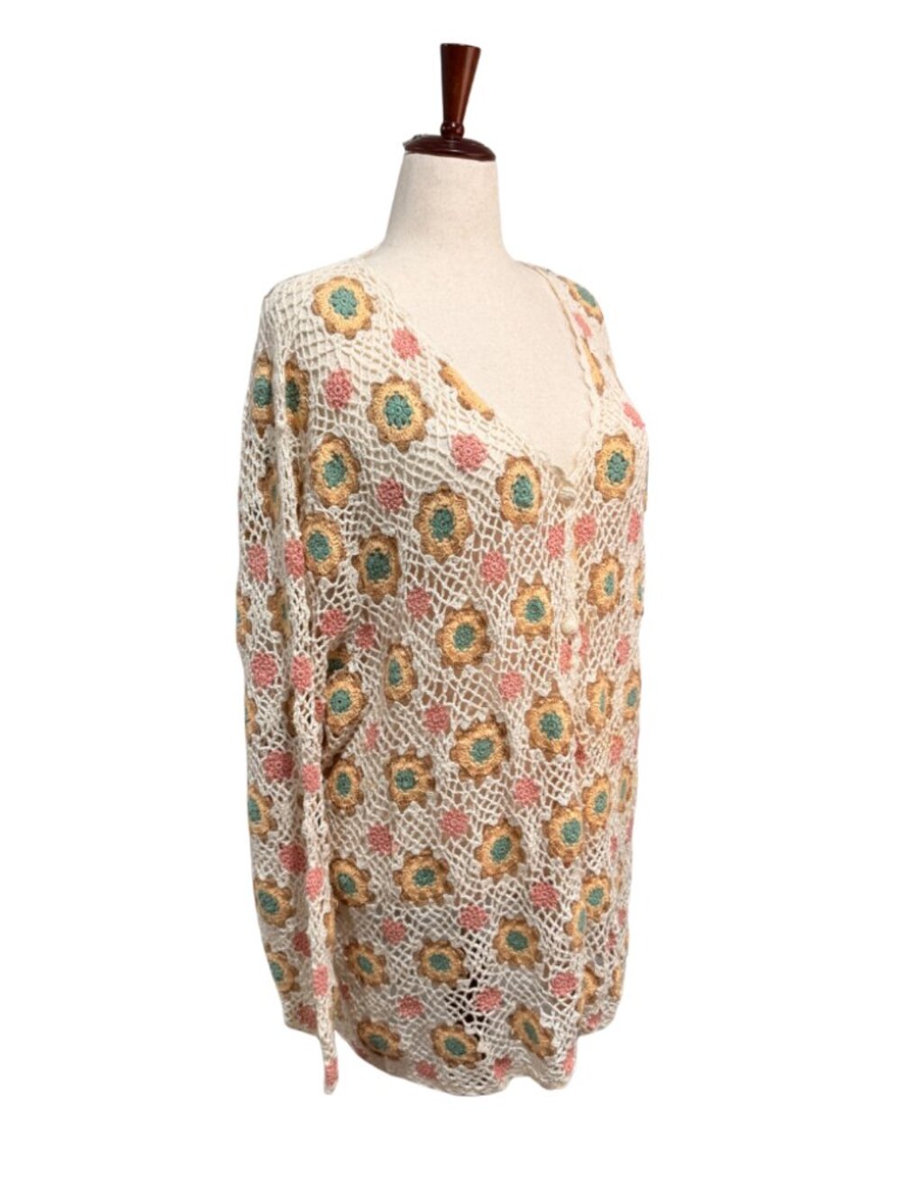 Vintage 90's Handknitted Terracotta Boho Floral Crochet Cardigan Sweater